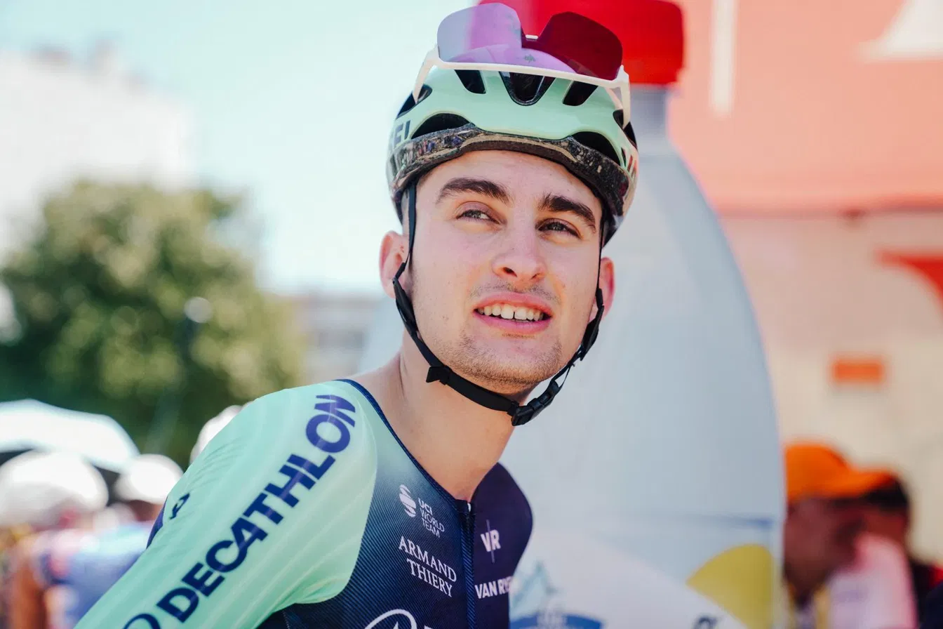 Paul Seixas at the start of a 2026 Tour de France stage in Decathlon-CMA CGM kit